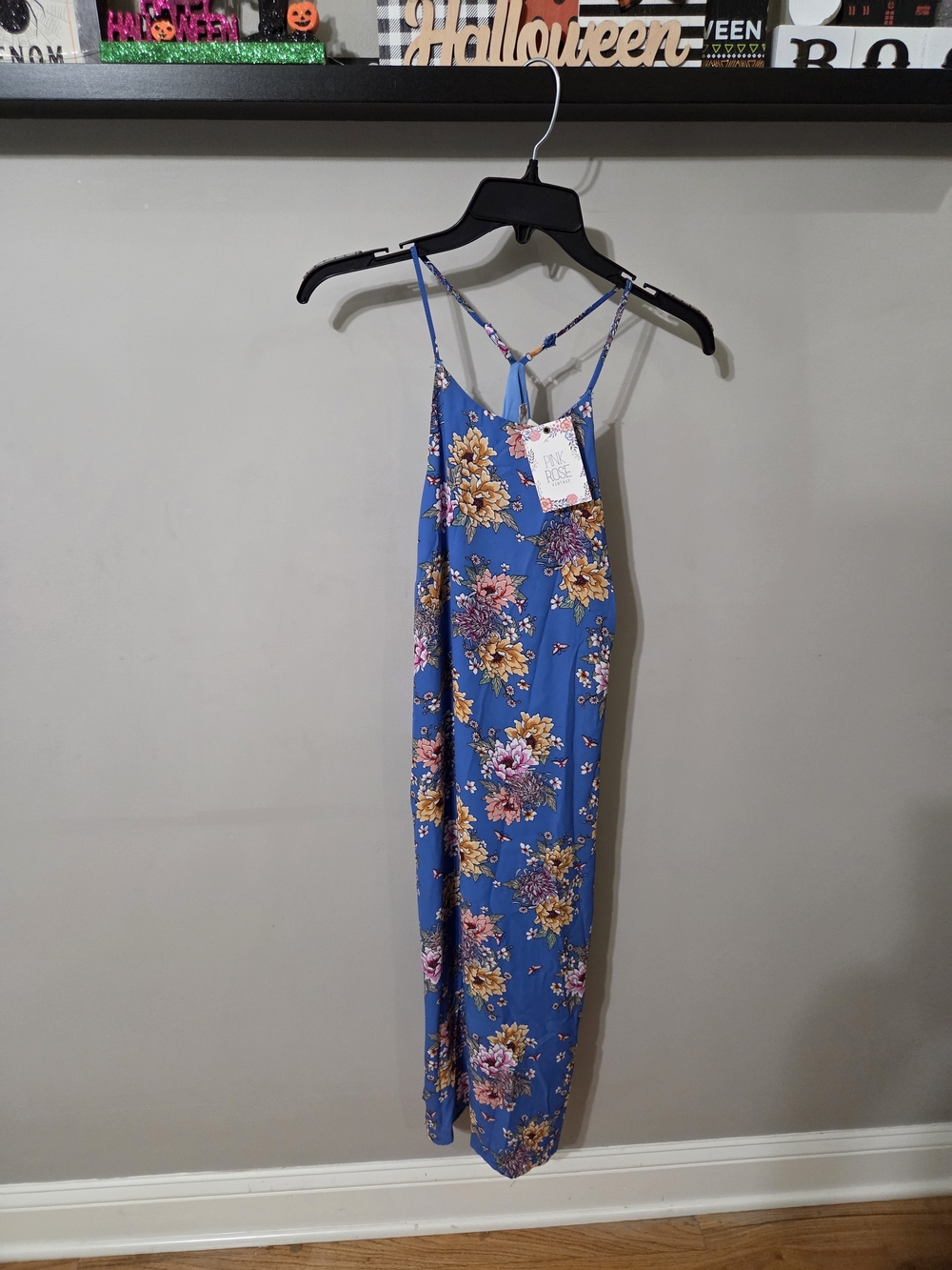 Pink Rose Blue Floral Maxi Dress with Spaghetti Straps